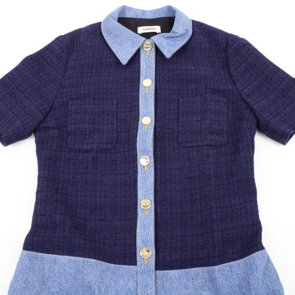 NWT Sandro Brooke Tweed and Denim Mini Dress in Blue with Gold Buttons Size 36 - Picture 3 of 15